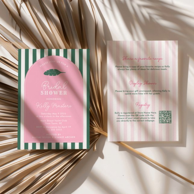 Invitación Arco Rosa Y Verde Despedida De Soltera En Beverly  (Pink and green stripes double-sided 1950s retro Beverly Hills theme bridal shower invitation)