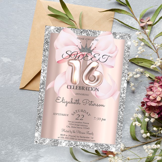 Invitación Arco, Tiara, Rosa Dorado Plateado Brillo Dulce 16  (Subido por el creador)