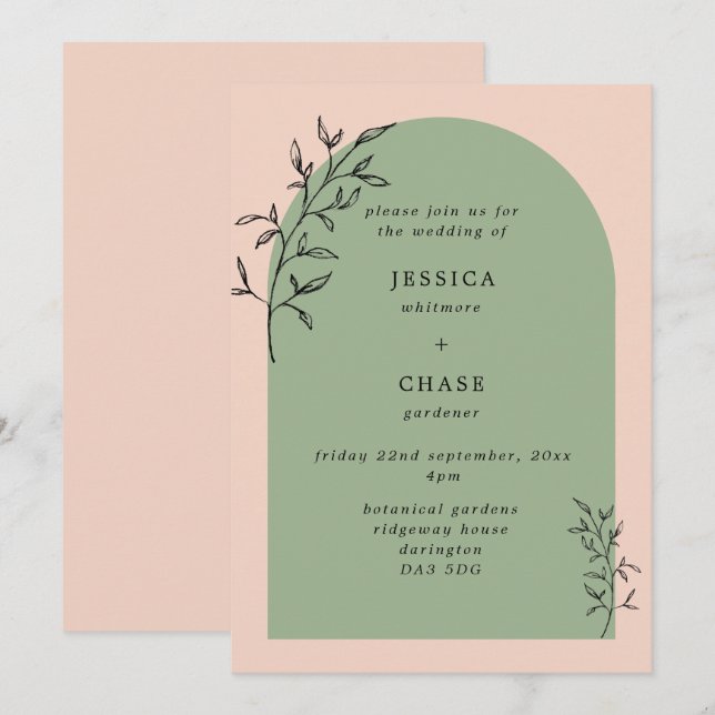Invitación Arco y botánico deja a Boda de Rubor & Sage (Anverso / Reverso)