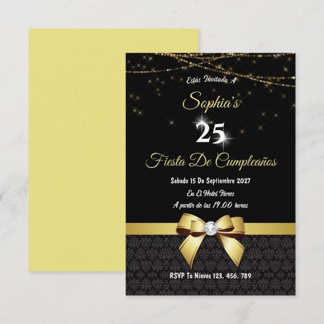 Invitación Arco Y Luces Con Gemas Doradas  (Anverso / Reverso)