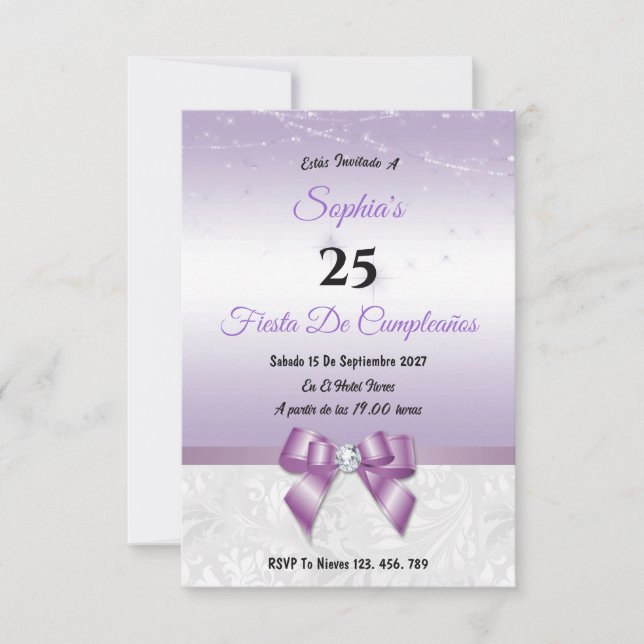 Invitación Arco Y Luces Con Gemas Lila  (Anverso)