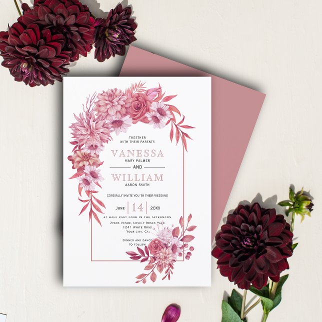 Invitación Arco y rosa polvoriento flores rosadas, hojas boda (Subido por el creador)