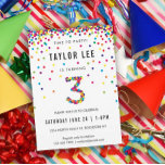 Invitación Arcoiris 3 Fiesta de cumpleaños, tercer cumpleaños<br><div class="desc">Iris 3er cumpleaños / tercera fiesta de cumpleaños invitaciones! Con los detalles de su niño de 3 años o de su fiesta chica y un "3" en confetti,  con divertidos círculos de confetti de color arcoiris rociando desde lo alto de estas lindas invitaciones.</div>