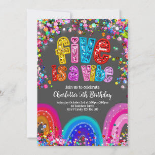 Invitación arcoiris, 5 cumpleaños lindo brillante