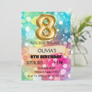 Invitación Arcoiris 8 años Chicas del partido de cumpleaños 8