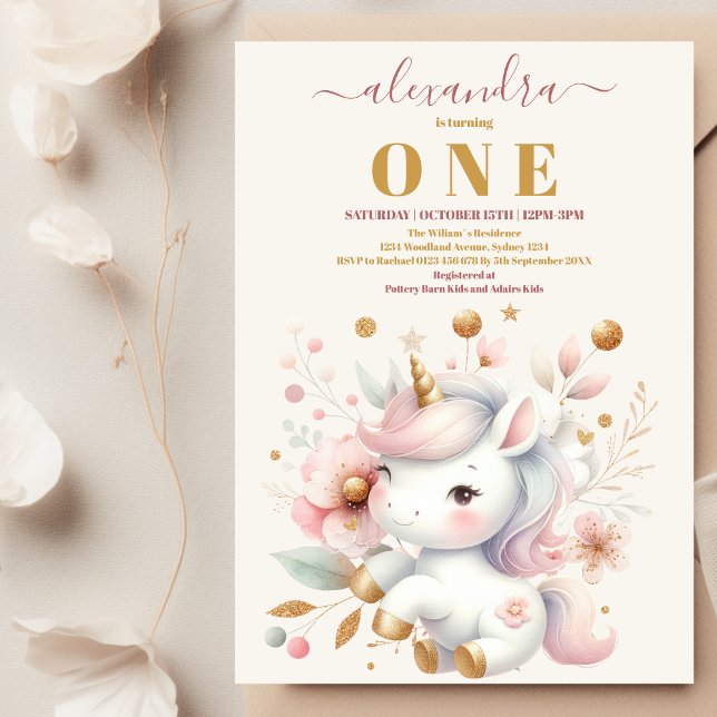 Invitación Arcoiris acuático Unicornio Oro primer cumpleaños (Subido por el creador)