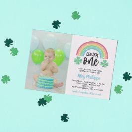 Invitación Arcoiris azul Afortunado Uno Foto Primer Cumpleaño