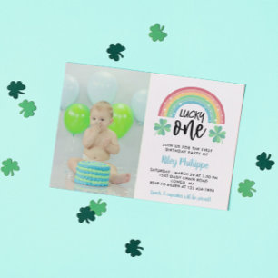 Invitación Arcoiris azul Afortunado Uno Foto Primer Cumpleaño