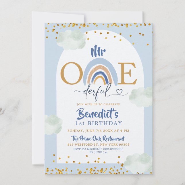 Invitación Arcoiris azul Boho Sr. Onemaravilloso cumpleaños d (Anverso)