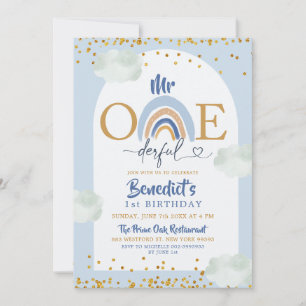Invitación Arcoiris azul Boho Sr. Onemaravilloso cumpleaños d