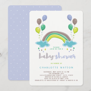 Invitación Arcoiris azul y globos Whimsical Boy Baby Shower
