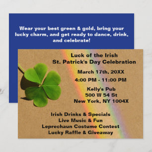 Invitación Arcoíris Azul y Verde Trébol Beber Irlandés  