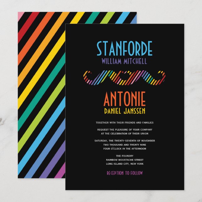 Invitación Arcoíris Bigotes Dobles Simple Moderno Boda Gay (Anverso / Reverso)