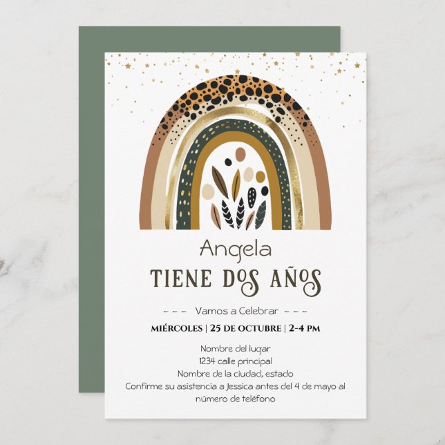 Invitación Arcoiris Boho 2do cumpleaños (Anverso / Reverso)