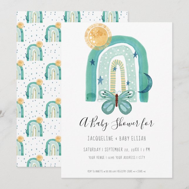 Invitación Arcoíris Boho Acuarela Moderna Azul Turquesa Sol L (Anverso / Reverso)