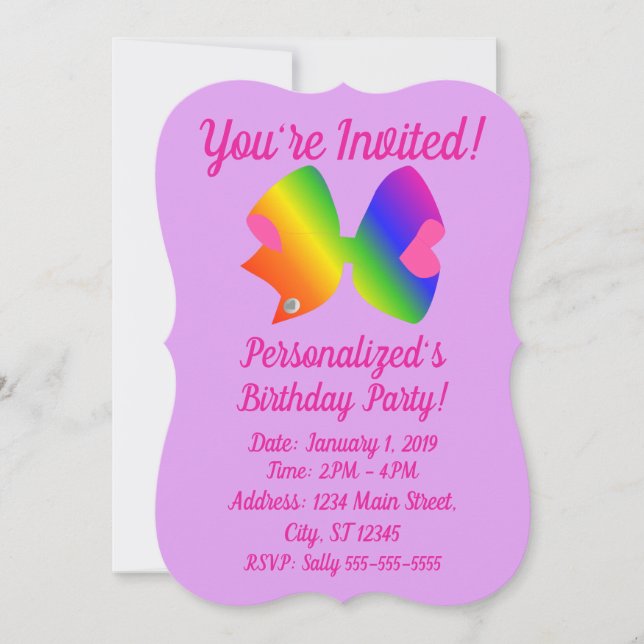 Invitación Arcoíris Bow - Cumpleaños con lazo rosa y púrpura  (Anverso)