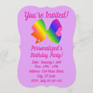 Invitación Arcoíris Bow - Cumpleaños con lazo rosa y púrpura 
