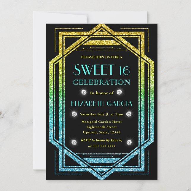 Invitación Arcoíris Brillo Art Deco Antiguo Marco Dulce 16 (Anverso)