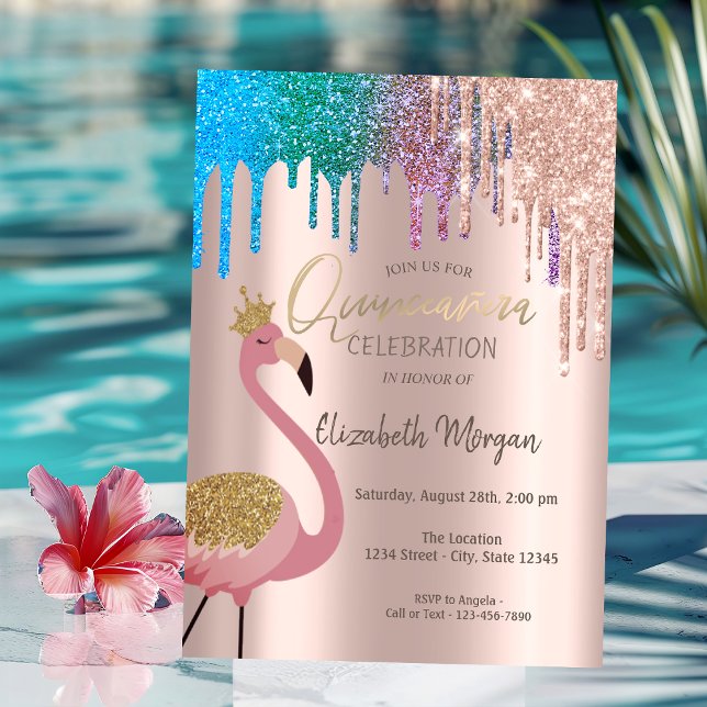 Invitación Arcoíris Brillo Gotea Flamingos Rosados Quinceañer (Subido por el creador)