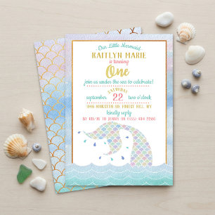 Invitación Arcoíris Chic Acuarela Sirena Cumpleaños 1