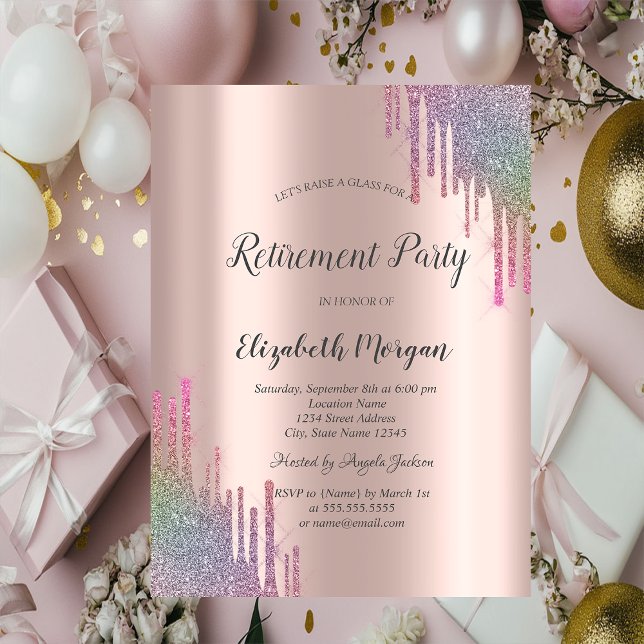 Invitación Arcoíris Chic Brillo en Goteo Rosa Dorado Jubilaci (Subido por el creador)
