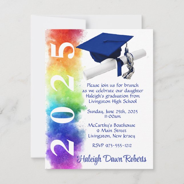 Invitación Arcoiris con graduación azul real (Anverso)