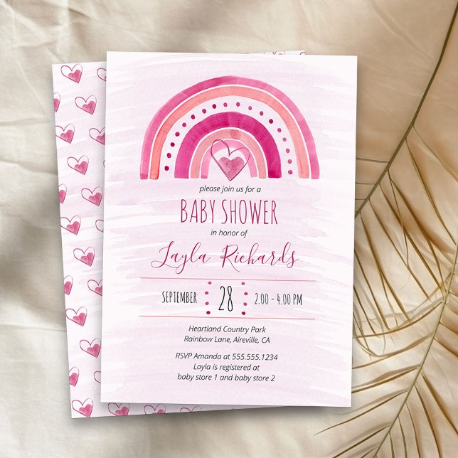 Invitación Arcoiris Corazón de agua Lavado Baby Shower rosa (Pink Rainbow girl baby shower  invitation)