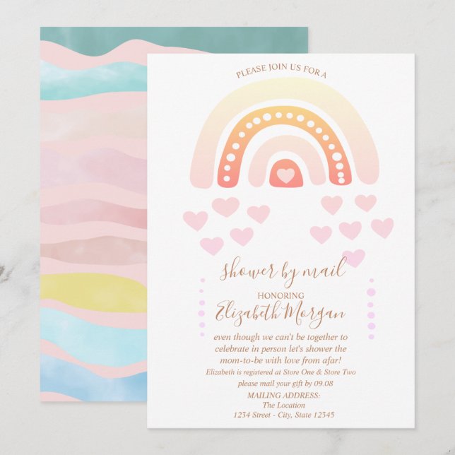 Invitación Arcoiris, Corazones, Stripe Baby Shower Virtual Po (Anverso / Reverso)