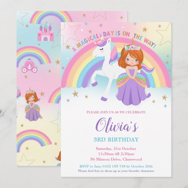 Invitación Arcoiris de cumpleaños de la Princesa Roja Unicorn (Anverso / Reverso)
