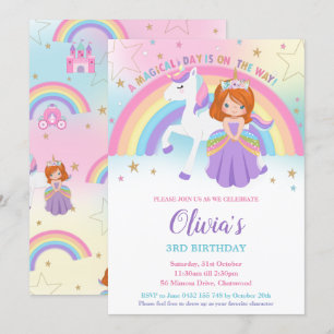 Invitación Arcoiris de cumpleaños de la Princesa Roja Unicorn