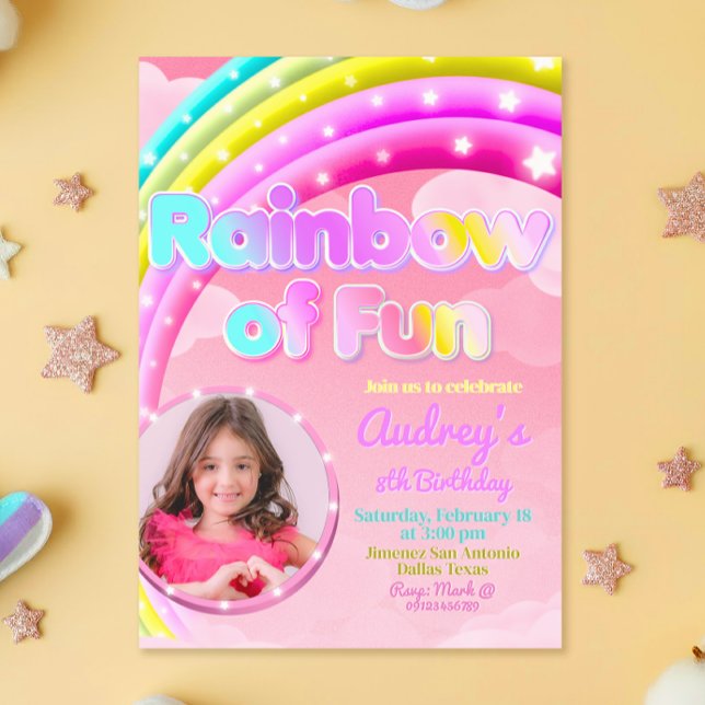 Invitación Arcoíris de Diversión con Imagen (Rainbow of Fun - Girl Birthday Invitation with Photo)