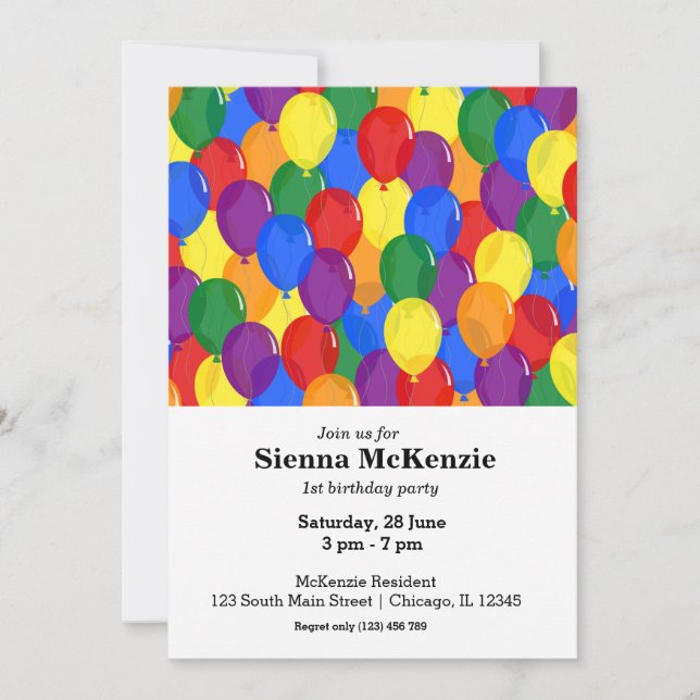 Invitación Arcoiris de globos de cumpleaños (Anverso)