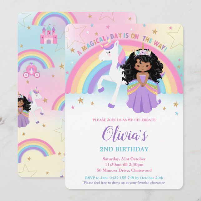 Invitación Arcoiris de la fiesta de cumpleaños de la princesa (Anverso / Reverso)