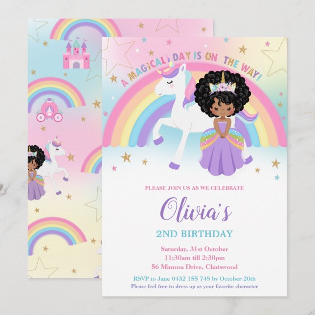 Invitación Arcoiris de la fiesta de cumpleaños de la princesa (Anverso / Reverso)