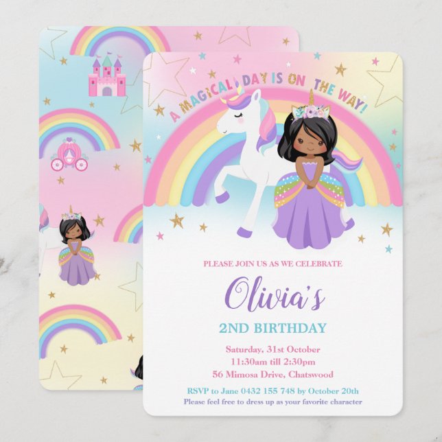 Invitación Arcoiris de la fiesta de cumpleaños de la princesa (Anverso / Reverso)