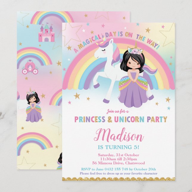 Invitación Arcoiris de la fiesta de cumpleaños de Princesa y  (Anverso / Reverso)