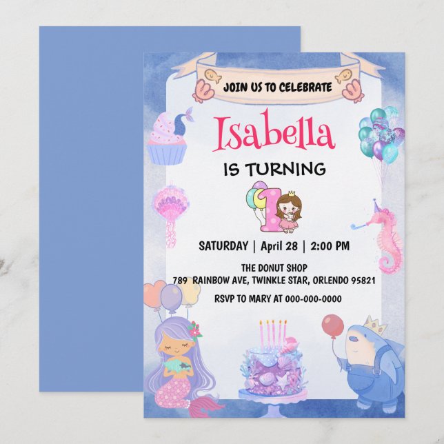Invitación Arcoiris de la sirena, unicornio, primer Fiesta de (Anverso / Reverso)