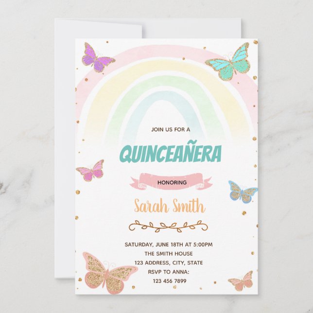 Invitación Arcoiris de mariposa colorida 16 años (Anverso)