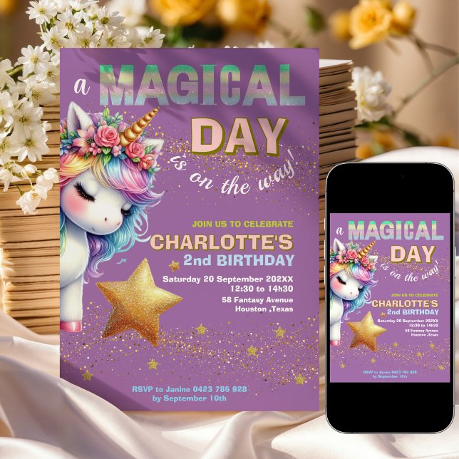 Invitación Arcoíris de purpurina unicornio cumpleaños 2 (Subido por el creador)
