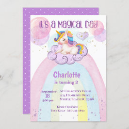 Invitación Arcoiris de segundo cumpleaños de Cute Purple Unic