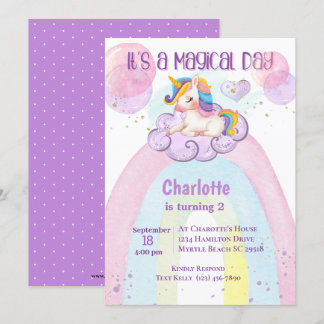 Invitación Arcoiris de segundo cumpleaños de Cute Purple Unic