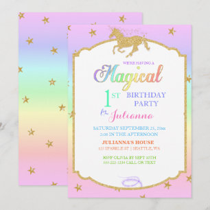 Invitación Arcoíris de Unicornio Mágico & Brillo Falso