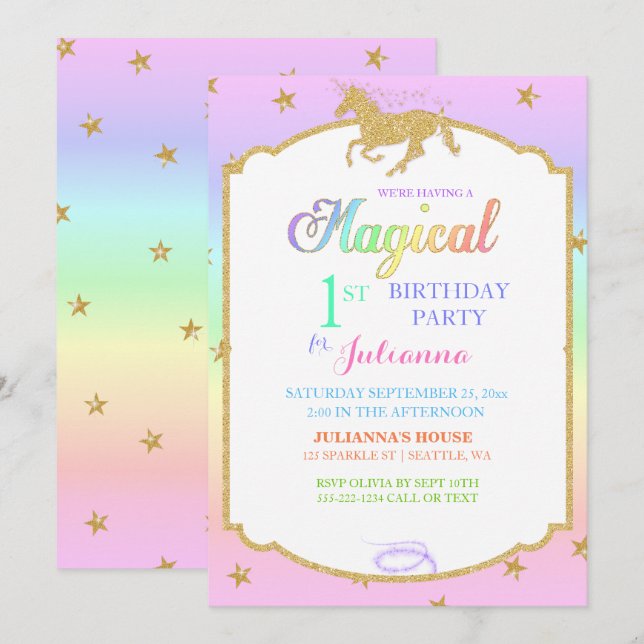 Invitación Arcoíris de Unicornio Mágico & Brillo Falso (Anverso / Reverso)