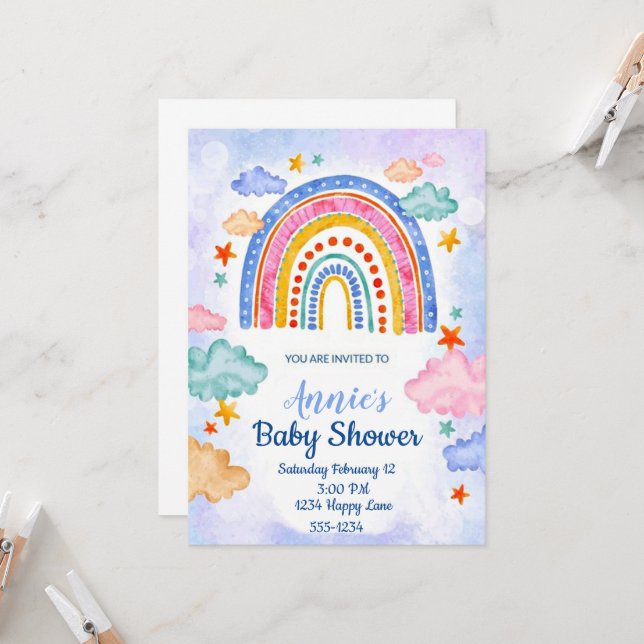 Invitación Arcoiris dibujado a mano en pasteles (Anverso/Reverso In Situ)