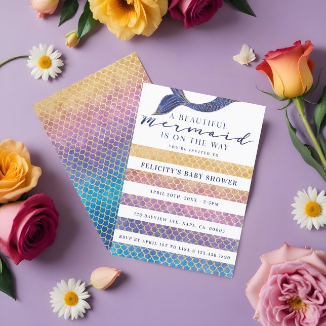 Invitación Arcoiris + dorada escalas de sirena y Baby Shower  (Rainbow + Gold Mermaid Scales & Stipe Baby Shower Invitation)