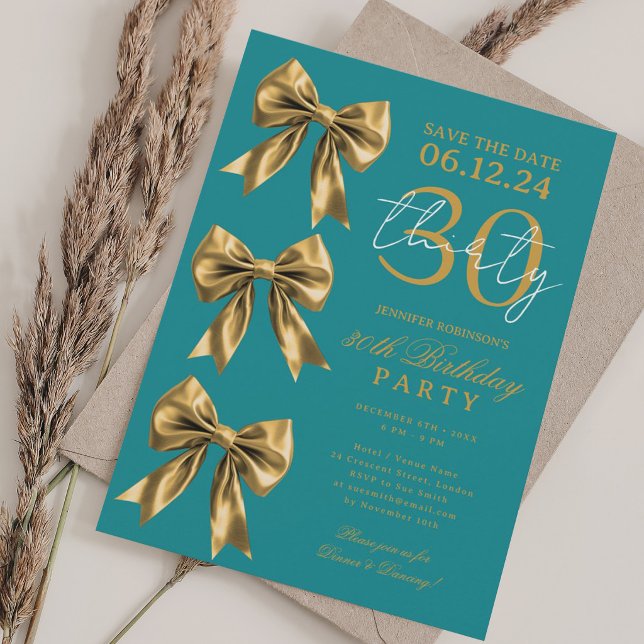 Invitación Arcoiris Dorado Cumpleaños 30 Aniversario Cumple T (Gold Coquette Bow Save Date 30th Birthday Teal Invitation)
