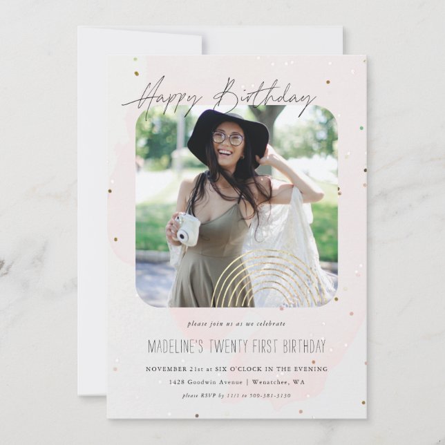 Invitación Arcoíris Dorado Moderno Foto Simple | Cumpleaños (Anverso)