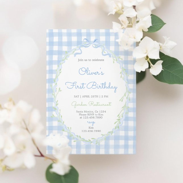 Invitación Arcoíris Floral Cumpleaños Niño Azul Gingham (Subido por el creador)