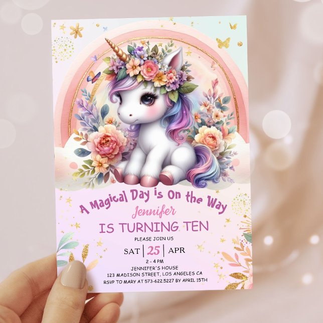Invitación Arcoiris floral rosa Chica de unicornio (#UnicornBirthdayInvitation #UnicornBirthdayInvitationTemplate #UnicornBirthdayInvitationEditable 
)