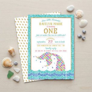 Invitación Arcoíris Glitter Sirena Cumpleaños 1